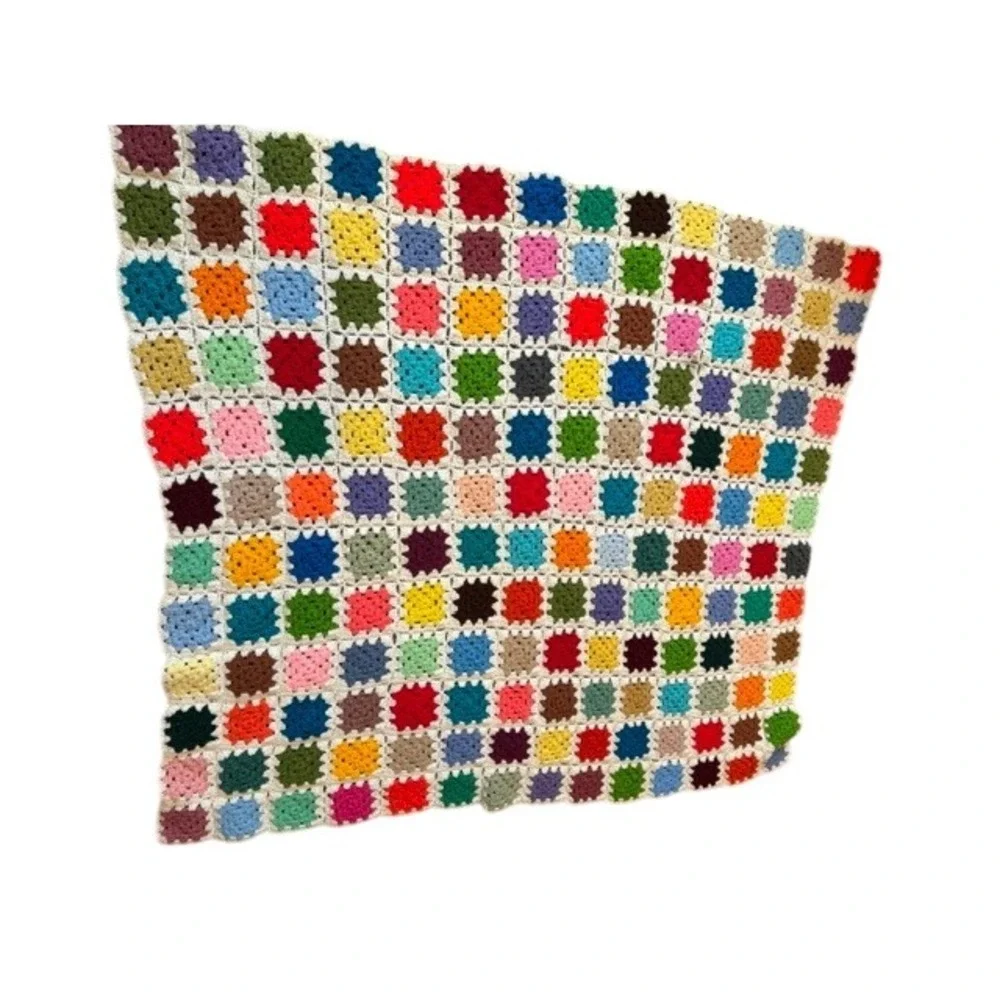 Vintage Handmade Crochet Granny Square Blanket Multi Boho Throw Afghan 67x60